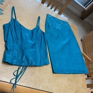 PRICE DROP: VTG DISTRESSED TEAL BLUE LEATHER SKIRT (which matches SHOSHANNA TOP)